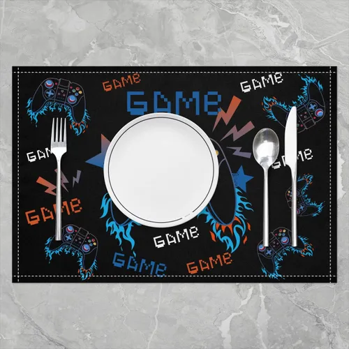 Vista 2 de Juego de 4 manteles individuales de videojuegos de 12 x 18 pulgadas, patrón de consola de juegos de dibujos animados, alfombrillas de cocina