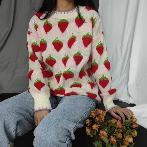 Vista 2 de Suéter de punto con naranjas para mujer, casual, holgado, manga larga, suéter sin botones