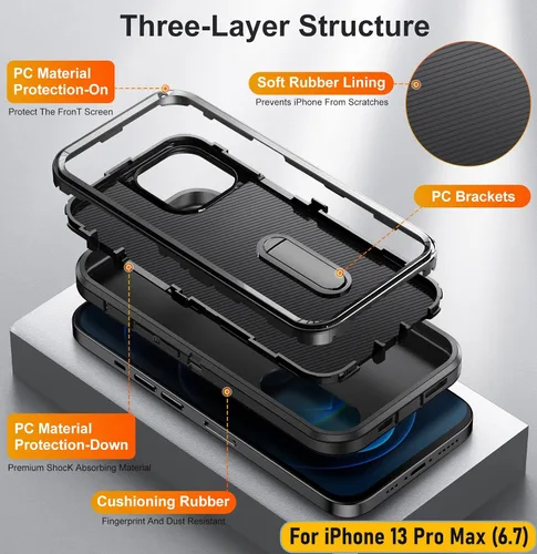Vista 2 de La funda está especialmente diseñada para iPhone 13 Pro Max de 6.7 pulgadas, protección de cuerpo completo, resistente a los golpes, goma de Negro