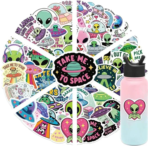Vista 2 de 50 calcomanías alienígenas ET UFO calcomanías de vinilo impermeables Decoración extraíble reutilizable para botellas de agua, bicicleta