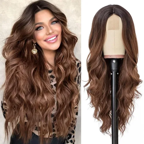 Vista 15 de NAYOO Peluca larga ondulada rubia ombré para mujer, de 26 pulgadas, parte media, rizada, ondulada, de aspecto natural, fibra sintética resistente al