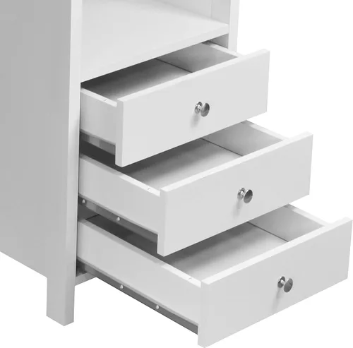 Vista 7 de Techni Mobili Escritorio blanco con cajones: escritorio de oficina pequeño con 3 cajones de gabinete, estante abierto y paneles de madera laminada