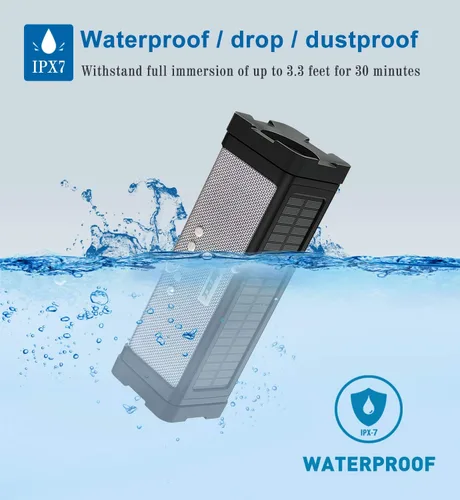 Vista 3 de Altavoz solar Bluetooth, IPX7, impermeable, portátil, de 20 W, con 27 luces LED, batería de 5000 mAh, micrófono, tarjeta TF, para ducha al aire