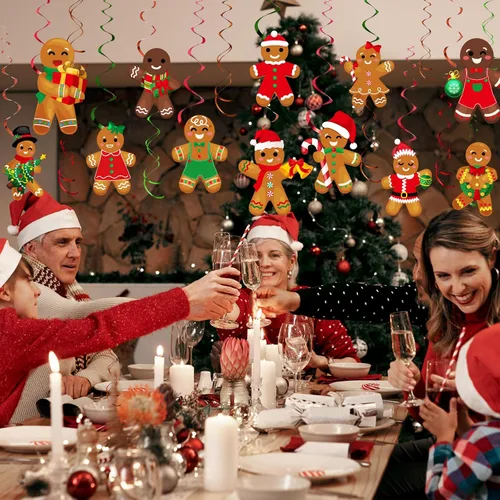 Vista 6 de Namalu 54 piezas de remolinos colgantes de hombre de jengibre de Navidad, decoraciones de hombre de jengibre para fiesta, remolinos colgantes