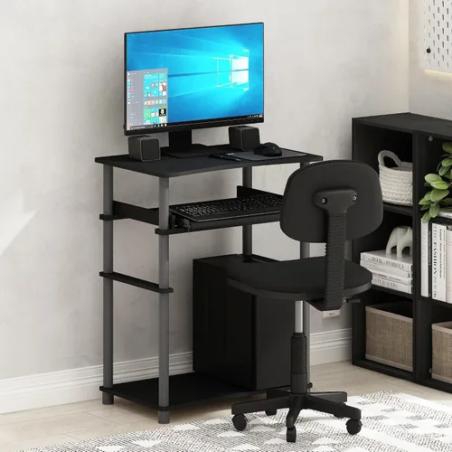 Vista 10 de Furinno Escritorio para el hogar, escritorio para juegos de 23.6 pulgadas de ancho con bandeja para teclado, estante abierto, escritorio para Ámbar