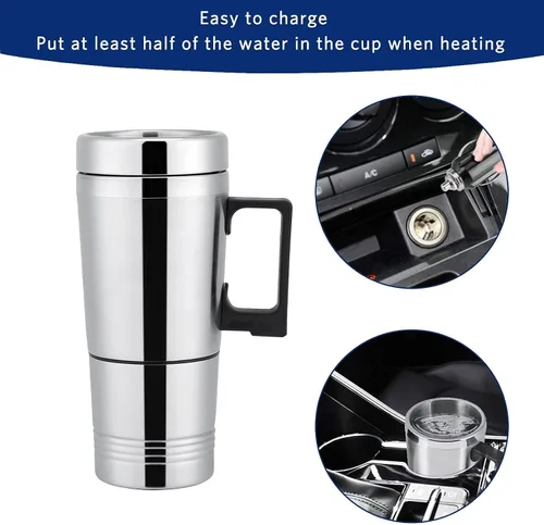 Vista 3 de Hervidor de té eléctrico para automóvil, de 10.1 fl oz, 24 V, portátil, de acero inoxidable, calentador de agua para automóvil, taza de calefacción