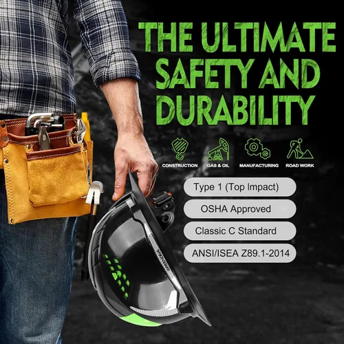 Vista 6 de GREEN DEVIL Casco de Construcción Matrix de ala completa con luz frontal, Casco de seguridad ventilado aprobado por OSHA para trabajos de Negro