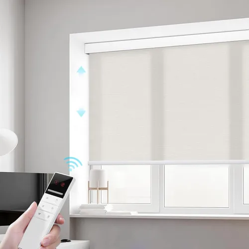 Vista 12 de ZSTARR Persianas motorizadas de filtrado de luz con control remoto, persianas enrollables recargables con cenefa, tamaño personalizado (beige)