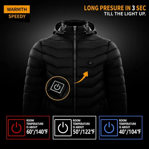 Vista 2 de Snullo Chaqueta acolchada con calefacción eléctrica para hombre, capucha aislada, cortavientos, 4 zonas de calor (batería no incluida)
