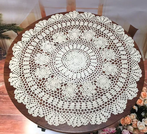 Vista 8 de Damanni Mantel de encaje de ganchillo hecho a mano de algodón beige para mesa, redondo, 16 pulgadas, 2