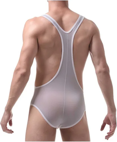 Vista 5 de Lencería para hombre para sexo travieso hielo sedoso malla transparente tirantes espalda cruzada semi transparente cuello en U profundo body bodywear