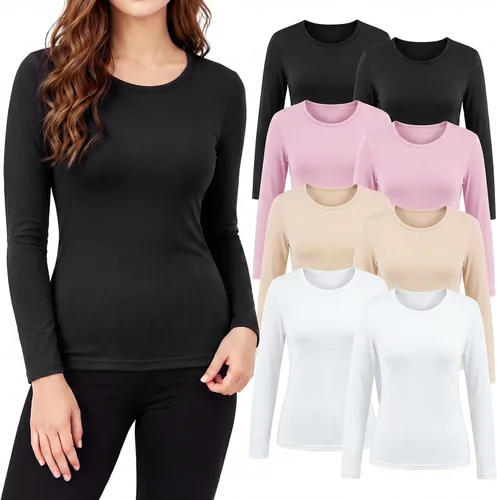 Vista 9 de Jecery 8 piezas de camisas térmicas de manga larga a granel para mujer, conjunto de camiseta térmica de cuello redondo, ropa interior de invierno