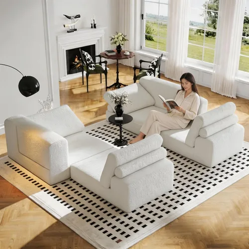 Vista 2 de Sofá Seccional Modular Cloud, Combinación DIY Sofá Modular para Sala de Estar, Sofás de Asiento de Amor de Tela Tejida Única con 2 Almohadas, Sofá