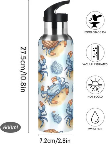 Vista 9 de Stainless Steel Vacuum Insulated Water Bottle 20 Oz, Leakproof Water Bottles for Gym Outdoor Travel School, Cute Blue Crabs Cartoon