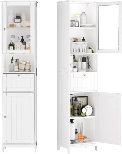 Vista 18 de INTERGREAT Armario de baño de 67 pulgadas de alto, armario de almacenamiento con 2 puertas y 1 cajón, armarios de almacenamiento de baño