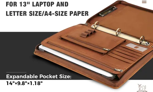 Vista 5 de Cartera de cuero genuino con cremallera para hombre, cartera de negocios para portátil de 13 pulgadas, con bloc de notas tamaño carta, color marrón