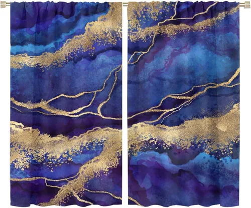 Vista 84 de Cortinas abstractas de mármol de lujo de lujo azul marino dorado a rayas con patrón de mármol estampado para dormitorio, sala de estar, cortinas
