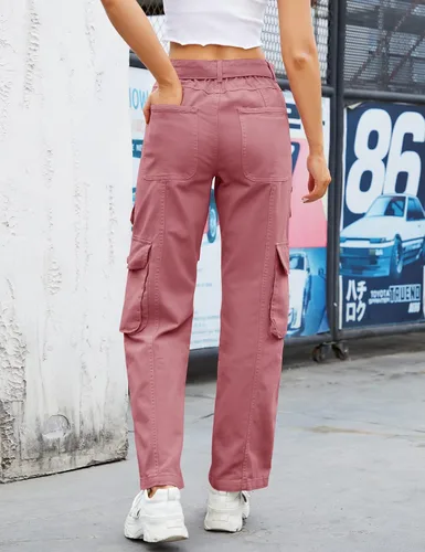 Vista 4 de Micoson Pantalones cargo para mujer con bolsillos, cintura alta, casual, rectos, pantalones Y2K