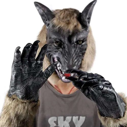 Vista 3 de Guantes de lobo de Halloween, disfraz de hombre lobo, garra de pata, manos peludas, mitones espeluznantes, animales, cosplay, decoración cálida