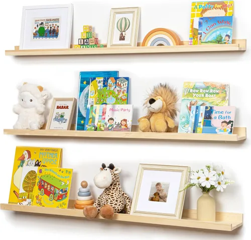Vista 19 de FLYJOE Estante de repisa de fotos para pared, 24 pulgadas de madera de fresno maciza, estantes para libros de guardería, estantes flotantes