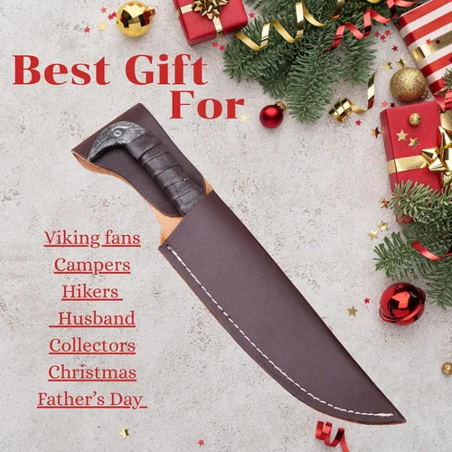 Vista 9 de LEONA CRAFT® Cuchillo de caza fijo hecho a mano Cuchillo vikingo nórdico de cabeza de cuervo Odin's con funda de cuero, hoja de acero al carbono