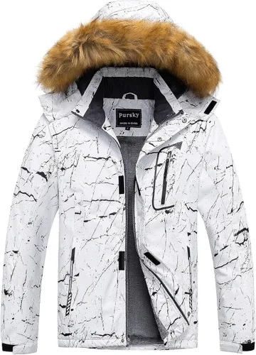 Vista 12 de Pursky Chaqueta de esquí impermeable para hombre, abrigos de nieve de invierno, abrigos con capucha de piel, parka