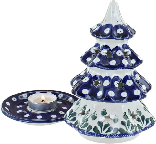 Vista 2 de Cerámica polaca Blue Rose – Luminaria de árbol de Navidad mediano Blue Alyce – 7 pulgadas de alto – Portavelas de cerámica polaca pintado a mano