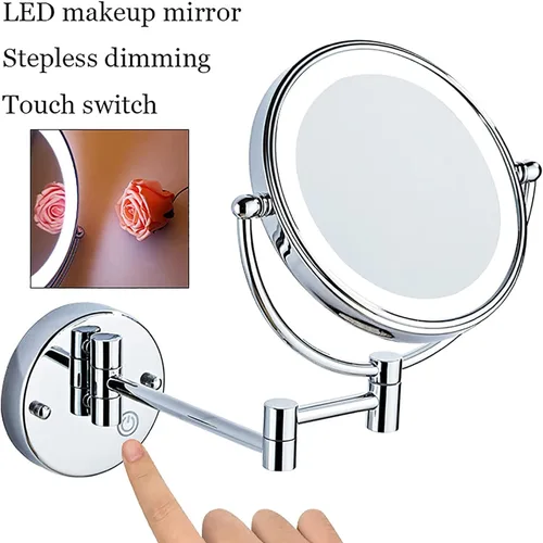 Vista 2 de Espejo de maquillaje con interruptor táctil, luces LED y aumento de 10 aumentos, espejo de tocador de baño de doble cara de 8 pulgadas, espejo