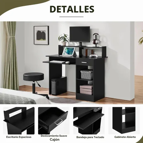 Vista 7 de Yaheetech Escritorio de Computadora de Madera para Casa y Oficina con Cajones y Bandeja Extraíble para Teclado, Escritorio de Estudio y Escritura