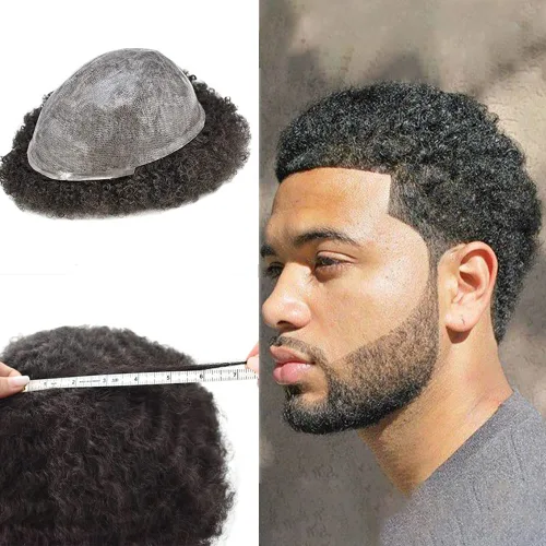 Vista 10 de Afro Toupee para hombres negros, unidad de pelo rizado rizado de poliuretano inyectado, cabello humano con ondas de polly afro, piezas de cabello #1