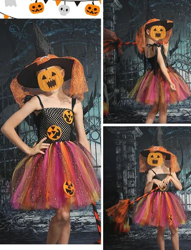 Vista 5 de Conjunto de disfraz de Halloween para niñas y niñas, disfraz de bruja para fiesta de disfraces