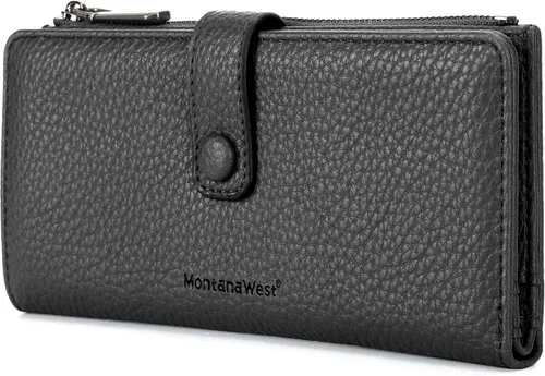 Vista 16 de Montana West Billetera pequeña para mujer, de piel auténtica, triple pliegue, tarjetero Rfid con cremallera y bolsillo para monedas, Un negro, Casual