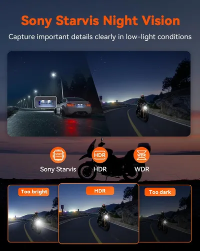 Vista 7 de Vantrue F1 motocicleta 4K Dash Cam delantera y trasera, cámara 4K + 1080P