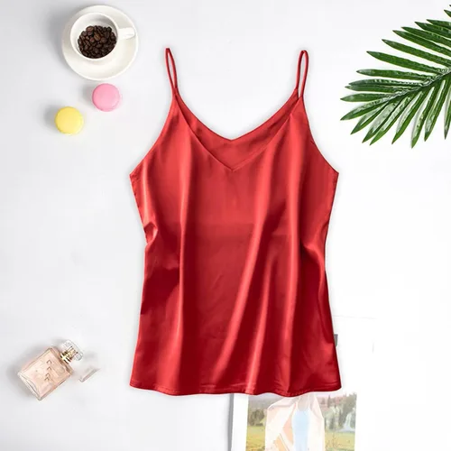 Vista 2 de Camiseta sin Mangas de satén para Mujer tirantes Finos y Cuello en V,Camisa Pijama,camisola seda,Chaleco sin Mangas