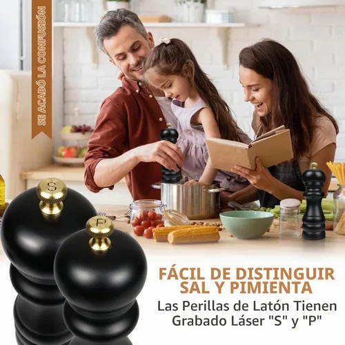Vista 4 de Juego de 2 molinillos de sal y pimienta, molinillo de pimienta manual y molinillo de sal con rotor de cerámica ajustable y junta de acero Negro