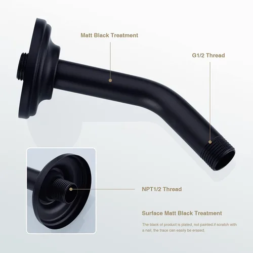 Vista 2 de Brazo de ducha en ángulo de 6 pulgadas con brida de acero inoxidable montado en la pared para cabezal de ducha superior, negro mate