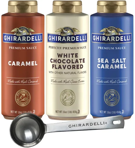 Vista 15 de Ghirardelli 1 - Salsas de caramelo y 2 - salsa de caramelo con sal marina, botellas de presión de 16 oz con cuchara barista estampada