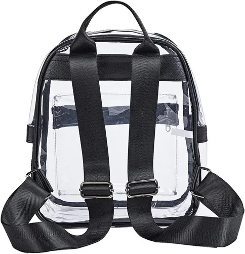 Vista 6 de Mini mochila transparente, aprobada para estadios, con bolsillo frontal para accesorios, mochila transparente resistente para festivales
