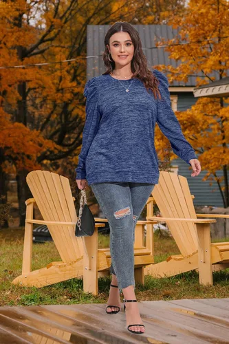 Vista 2 de WEESO Sudaderas de cuello redondo para mujer, suéteres de manga abombada a la moda