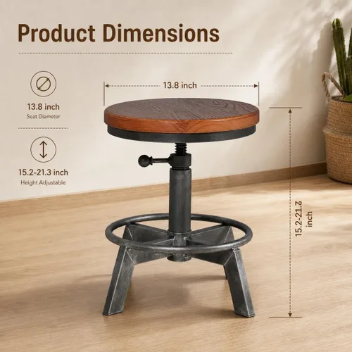 Vista 3 de Juego de 2 taburetes de bar industriales, sillas de altura de mostrador, asiento giratorio de madera, ajustable de 15.2-21 pulgadas Plateado