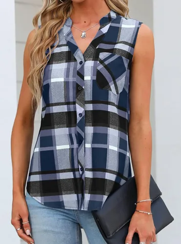Vista 2 de Hongqizo Camisas de verano con cuello en V para mujer, con botones, para oficina, sin mangas, para mujer