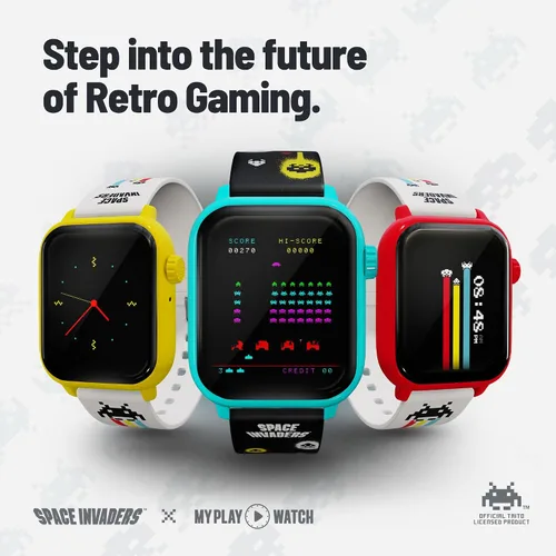 Vista 2 de Reloj inteligente para juegos retro Space Invaders, tecnología selectiva, bisel rojo, no conectado, juego Space Invaders™ integrado, caras de reloj