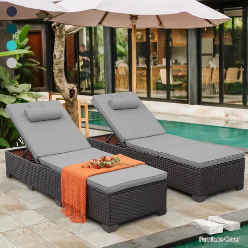 Vista 9 de Rattan Star Juego de 2 tumbonas de mimbre marrón para exteriores, tumbonas de piscina, respaldo ajustable multiángulo con cojines azules