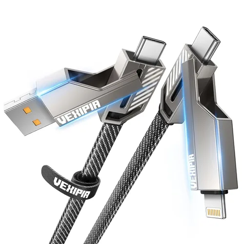 Vista 12 de Cable USB C ultra corto 4 en 1 de 0.6 pies compatible con cable Lightning [carga rápida y transferencia de datos] cable de carga plano trenzado