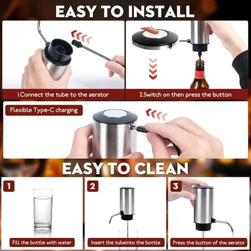 Vista 6 de Aireador eléctrico de vino vertedor dispensador automático de vino bomba con tubo retráctil para oxidación instantánea de un solo toque, decantador