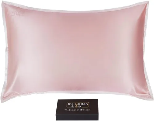 Vista 17 de Funda de almohada de seda de morera 22 Momme (cierre envolvente en la parte posterior), colección elegante, tamaño Queen, caramelo + crema