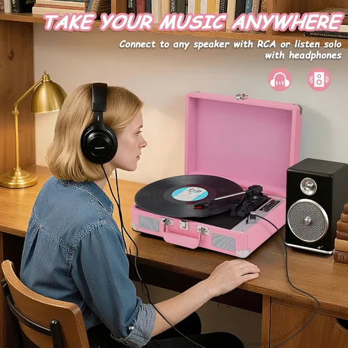 Vista 2 de Tocadiscos, reproductor de discos de vinilo con altavoces estéreo, reproductor de discos Bluetooth de 3 velocidades, tocadiscos todo en uno