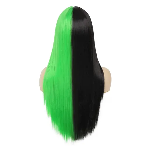 Vista 5 de Dai Cloud Peluca mitad verde medio negro con flequillo largo recto Halloween Cosplay Pelucas para mujeres sintético resistente al calor