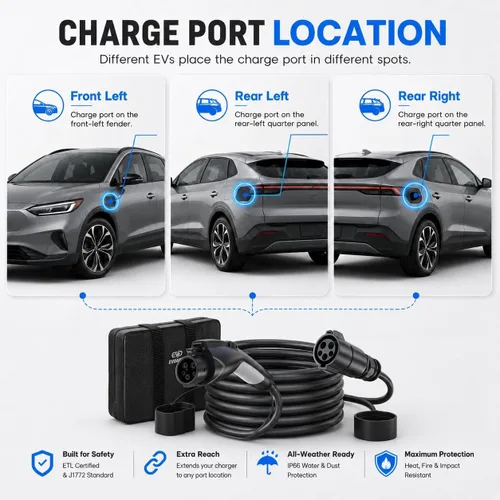 Vista 5 de EVDANCE Cable de extensión de cargador EV, J1772, cable de extensión 40A, cable de carga de 21 pies para vehículo eléctrico de 110 V-240 V