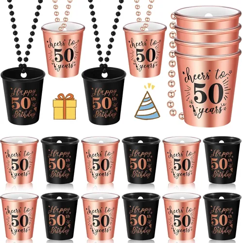 Vista 8 de Uiifan 12 piezas de 40º 50º 60º collar de vasos de chupito de cumpleaños de plástico con cuentas para fiesta de cumpleaños, suministros